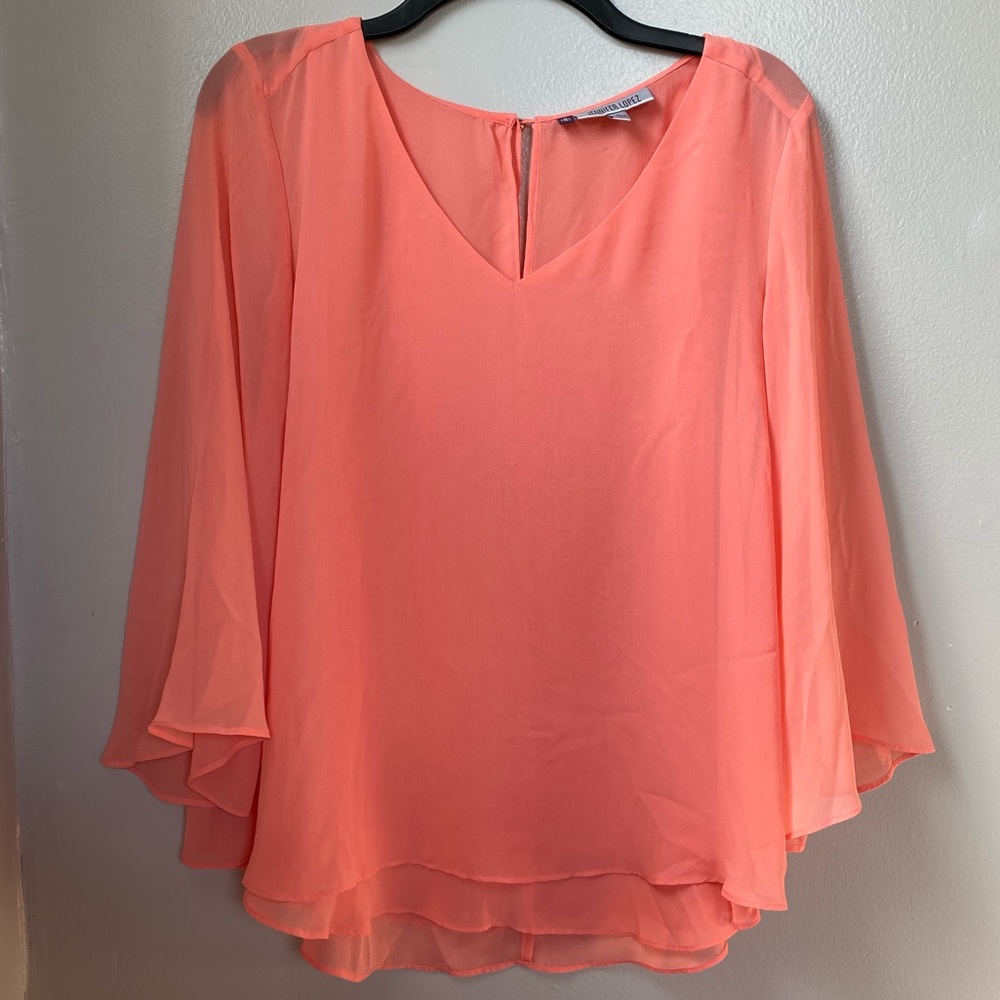 SOLD Coral Chiffon Blouse w Bell Sleeves and Hem